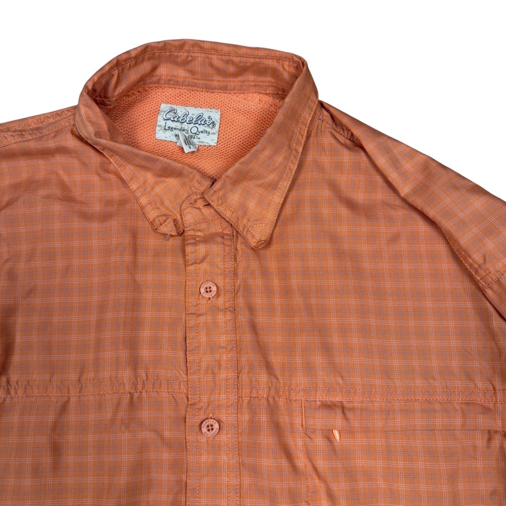 Cabelas Mens 2XL Orange Grid Long Sleeve Hiking Outdoor Fishing Shirt Button Up